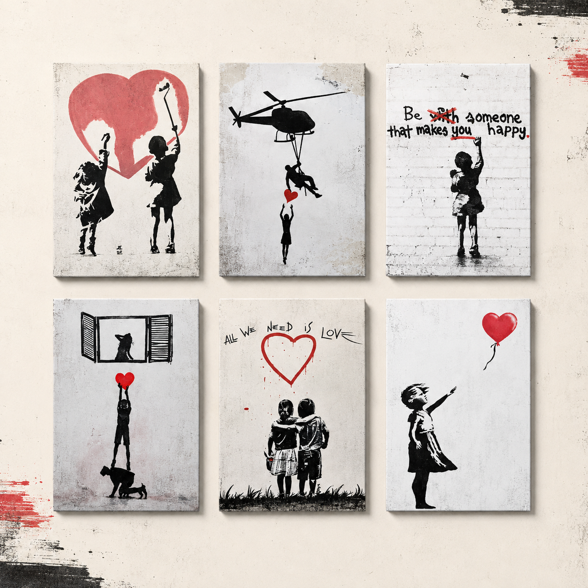 Six Banksy-style street art designs shown together