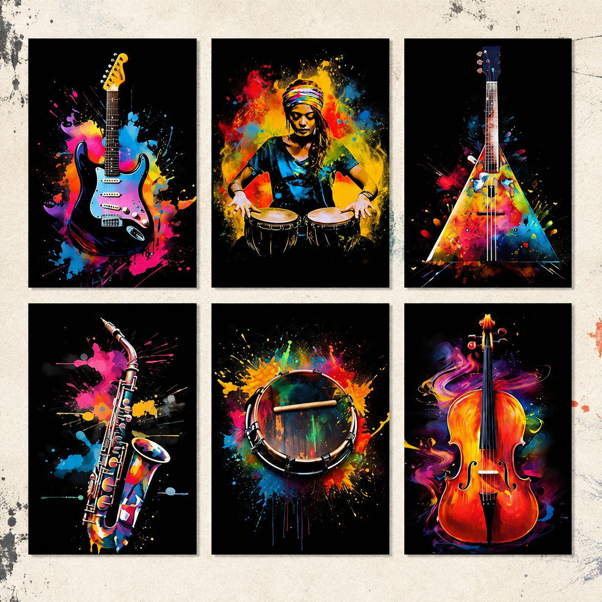 Six African drum and guitar canvas designs shown together