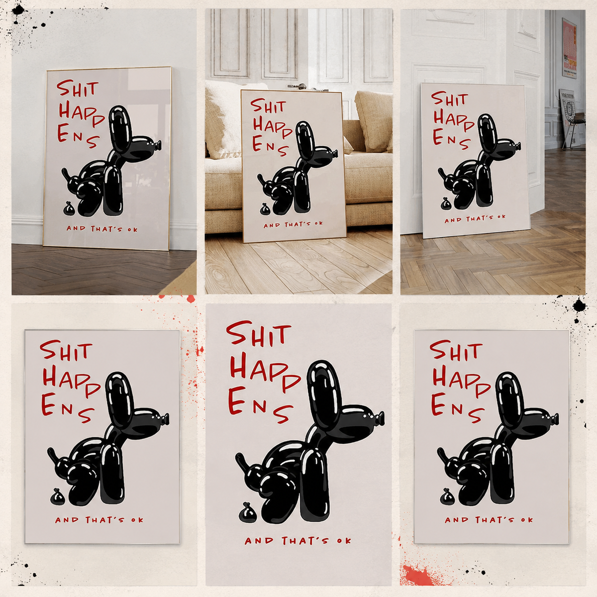 Six black balloon dog quote canvas designs shown together