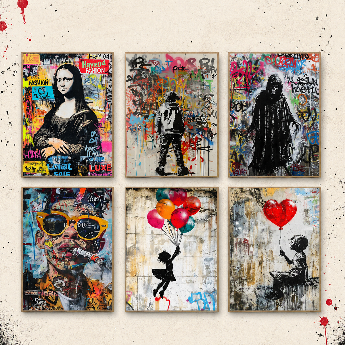 Six graffiti icon canvas designs shown together