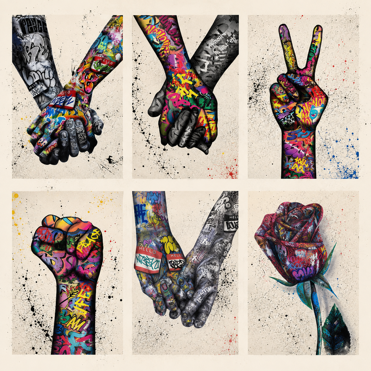Six graffiti hands and love canvas designs shown together