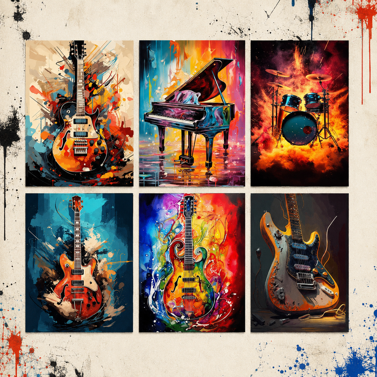 Six colourful musical instrument canvas designs shown together