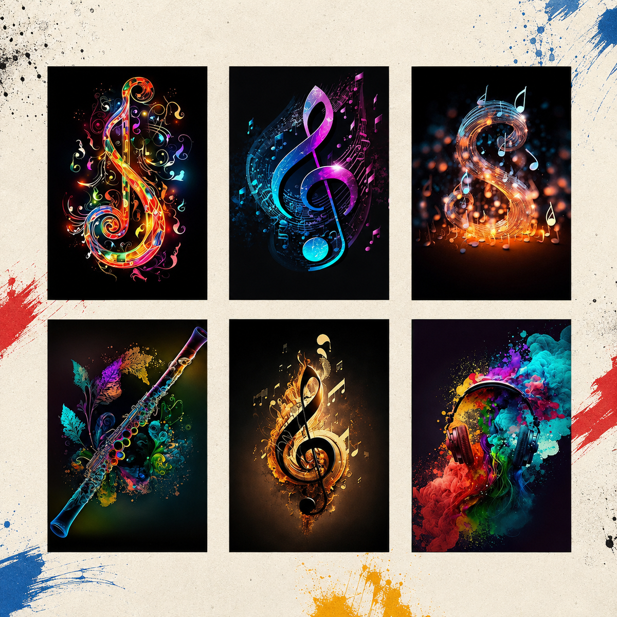 Six colourful musical notes canvas designs shown together